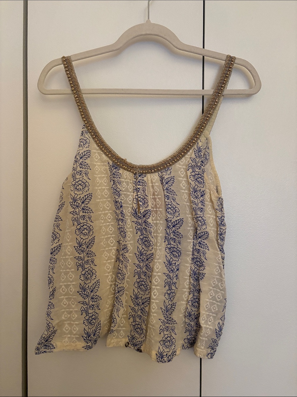 Free People Boho Cream Tank Top with Blue Floral Print